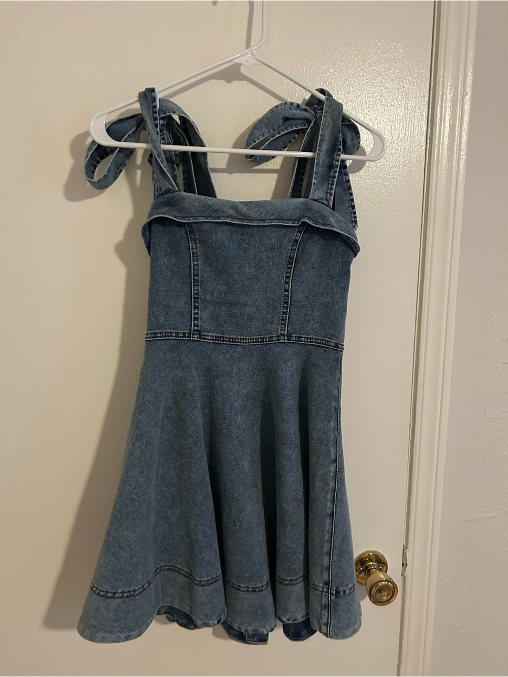 Vintage-Inspired Denim Tie-Strap Skater Dress - Light Blue